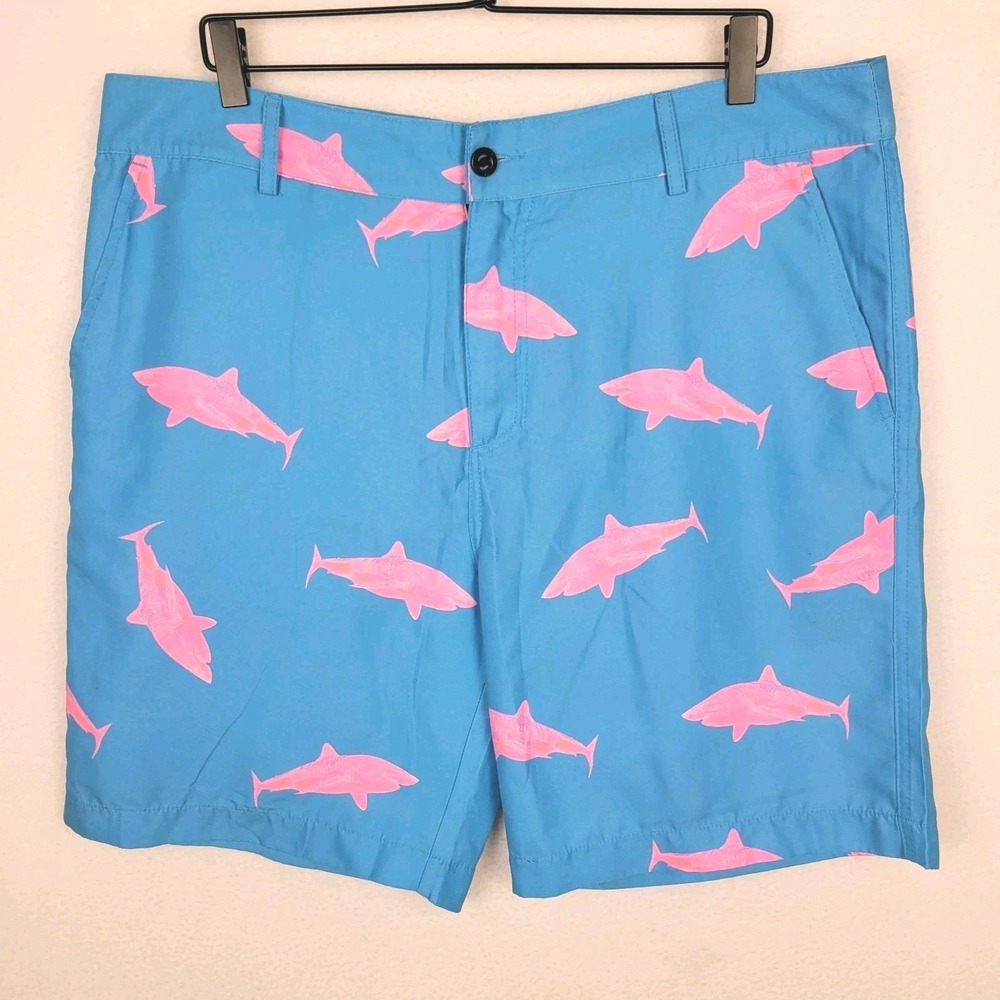 Native Blue Pink Shark Print Swim Trunks Mens M Board Shorts Zip Pocket Vacation